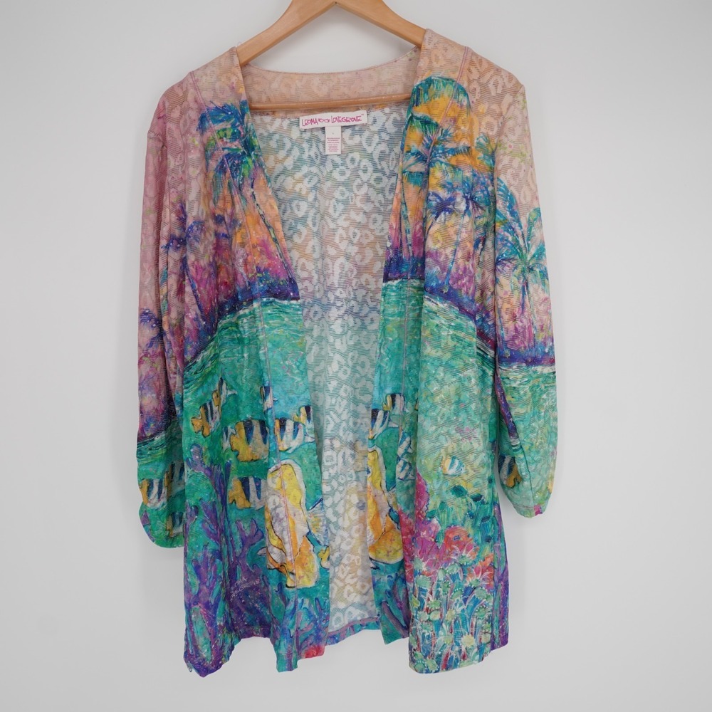 Leoma Lovegrove Open Cardigan Womens L Colorful Fish Print Casual Ruched Sleeve